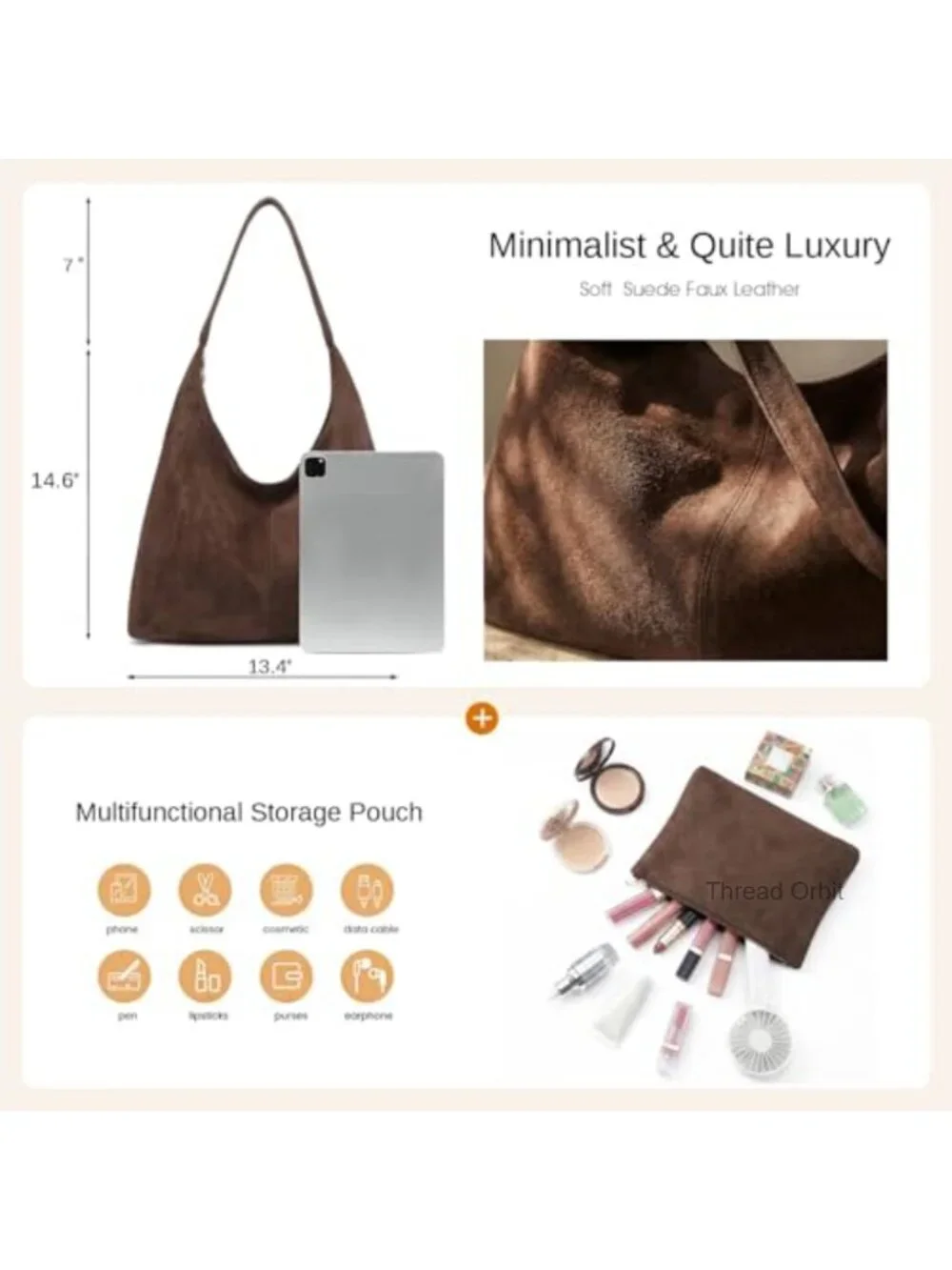 Slouchy Faux Suede Hobo Bag Women Casual Shoulder Tote Purse Handbag Work Travel